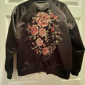 Forever 21 Black Bomber Jacket with Floral Embroidery